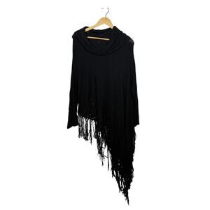 Intrigue Asymmetrical Poncho Sweater Size Large Black Cowl Neck Fringe Boho